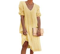 Abito da Donna in Cotone e Lino con Scollo a V, Casual, Ampio, Tinta Unita, Midi, Stile Fluido, Lungo, Maniche a Tre Quarti, Giallo, Taglia L