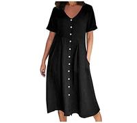 Abito da donna in cotone e lino, con scollo a V, maniche corte a polsino con tasche, bottoni e design piegato sul davanti, abito estivo casual midi My Orders Items, Nero , L