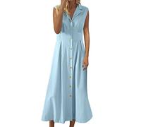 Abito da donna in cotone e lino, senza maniche, con bottoni, per il tempo libero, stile bohémien, Azzurro, L