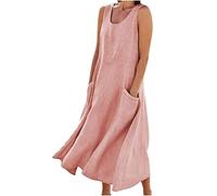 Abito da Donna in Cotone e Lino Vendita, Vestiti Donna Estivi Lunghi, Serbatoio Senza Maniche Vestito con Taschino Bohémien Mini Abiti Girocollo Vestitini Leggera Traspirante per Mare Spiaggia Vacanza