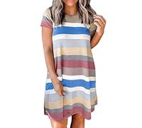 Abito da donna in cotone, estivo, lunghezza al ginocchio, taglio dritto, elegante, a maniche corte, estivo, a righe, a tunica, da spiaggia, leggero e arioso, Blu, L