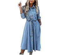 Abito da donna in denim a maniche lunghe, casual, slim fit, con bottoni, scollo a V, abito midi con colletto e tasche, abito estivo blu jeans da donna UK, Blu, XL