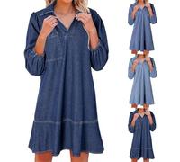 Abito da donna in denim con volant e scollo a V, casual, mezza manica, linea A, con tasche, maniche a 3/4, pullover casual rovesciato, vintage, tunica in jeans
