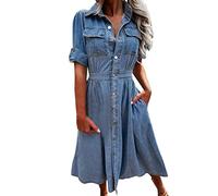 Abito da donna, in jeans, da donna, lungo, con bottoni, a maniche lunghe, per il tempo libero, elegante, con cintura, casual, in denim, con scollo a V, maxi abito da sera, Blu, m
