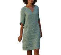 Abito da donna in lino 3/4 maniche estive scollo a V tinta unita cotone e lino leggero midi abiti chic ed elegante taglio dritto sciolto casual traspirante vacanza spiaggia viaggio quotidiano vestito