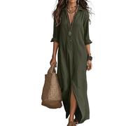 Abito da donna in lino-cotone, con scollo a V, maniche a 3/4, tinta unita, con bottoni, elegante, bohémien, per la spiaggia e le vacanze, Verde, XXL
