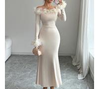 Abito da donna in maglia con spalle scoperte e maniche lunghe, decorazione floreale 3D, arricciatura laterale, elegante, bianco crema, autunno inverno, abito da invitata a matrimonio, festa francese,