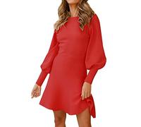 Abito da donna in maglia per autunno e inverno, a maniche lunghe, elegante, con scollo rotondo, tinta unita, con volant, linea ad A, per il tempo libero, Colore: rosso, S