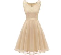 Abito da donna in pizzo con scollo rotondo e gonna svasata, senza maniche, in pizzo floreale, elegante, per matrimonio, battesimo