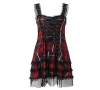 Abito da donna in pizzo, patchwork, a quadretti, senza maniche, alla moda, Colore: rosso, XXL