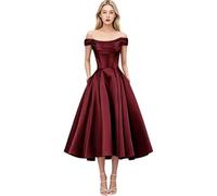 Abito da donna in raso con spalle scoperte per damigella d'onore, matrimonio, ballo di fine, Borgogna, 50