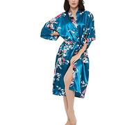 Abito da donna in raso con stampa rosa kimono premium pavone damigella d'onore abito da sposa pigiameria, Pavone Floreale Blu Pavone, 3XL