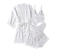Abito da donna in raso pigiama vestaglia donna sposa damigella d'onore seta raso abito leggero lungo raso vestaglia kimono abito corto seta lingerie pigiameria, bianco, L