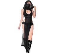 Abito da donna in rete velata, stile gotico, stile punk, con doppio spacco alto, con cappuccio, per rave festival, nero, S