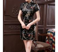 Abito da donna in stile cinese elegantemente realizzato con un elegante colletto rialzato con squisiti emblemi di draghi e fenici (S nero)