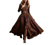 Abito da donna in stile country con gonna lunga tartan a quadri, retro scollo a V maniche lunghe, Colore: rosso, 3XL