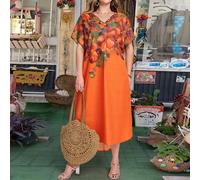 Abito da donna in stile tropicale con scollo a V, pieghe e orlo asimmetrico, adatto per la primavera e l'estate, taglie comode 0XL,1XL,2XL,3XL,4XLPiante,stampa dappertuttoTessuto intrecciato