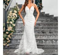 Abito da donna in tinta unita, semplice, senza maniche, con decorazione in pizzo, in tessuto non elastico, adatto per matrimoni e uso quotidiano, per spose L,M,S,XLBlocchi di colore,Colore unico,Piant