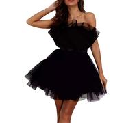 Abito da donna in tulle, corto, gonfio, senza spalline, in rete, per feste di compleanno, per cocktail party, Poofy Gown, Nero , L
