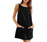 Abito da Donna in Velluto a Coste con Scollo Tondo, Mini Pagliaccetto, Scamiciato, Senza Maniche, con Tasche(Black,XL)