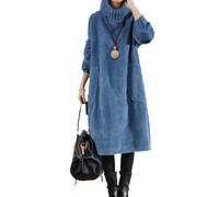 Abito da donna in velluto a coste, invernale, spesso, a maniche lunghe, collo alto, caldo, taglie forti, abito lungo con tasche, Blu, XL