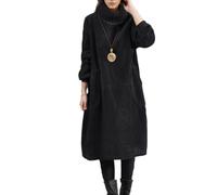 Abito da donna in velluto a coste, invernale, spesso, a maniche lunghe, collo alto, caldo, taglie forti, abito lungo con tasche, Nero , 4XL