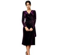 Abito da donna in velluto a maniche lunghe con scollo a V midi | Tessuto di velluto di lusso, scollo a V, maniche lunghe, vita increspata, taglio midi lusinghiero