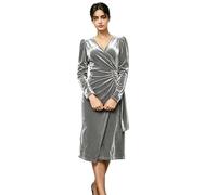 Abito da donna in velluto a maniche lunghe con scollo a V midi | Tessuto di velluto di lusso, scollo a V, maniche lunghe, vita increspata, taglio midi lusinghiero