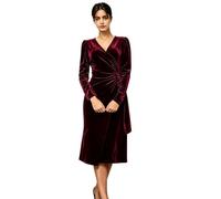 Abito da donna in velluto a maniche lunghe con scollo a V midi | Tessuto di velluto di lusso, scollo a V, maniche lunghe, vita increspata, taglio midi lusinghiero