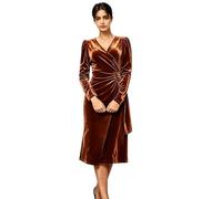 Abito da donna in velluto a maniche lunghe con scollo a V midi | Tessuto di velluto di lusso, scollo a V, maniche lunghe, vita increspata, taglio midi lusinghiero