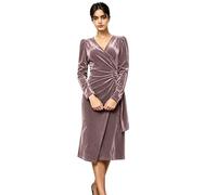 Abito da donna in velluto a maniche lunghe con scollo a V midi | Tessuto di velluto di lusso, scollo a V, maniche lunghe, vita increspata, taglio midi lusinghiero