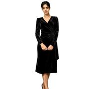 Abito da donna in velluto a maniche lunghe con scollo a V midi | Tessuto di velluto di lusso, scollo a V, maniche lunghe, vita increspata, taglio midi lusinghiero