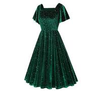 Abito da donna in velluto con paillettes, scollo quadrato, maniche svolazzanti, vestibilità e svasatura, scintillante, per serate, cocktail, retrò, anni '50, formale, per matrimoni e ospiti, Verde, S