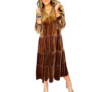 Abito da Donna in Velluto con Scollo A V Ampio A Maniche Lunghe Stile Swing Elegante con Balze A Strati per Invitati A Matrimoni Cocktail Party Giallo XL