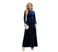 Abito da donna in velluto, linea ad A, maxi abito a maniche lunghe, scollo rotondo, autunno, inverno, elegante, per feste di nozze, cocktail, con cintura, Blu scuro, L
