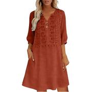 Abito da donna lungo al ginocchio, elegante, con maniche a 3/4, scollo a V, con tasche e bottoni, per il tempo libero, con ricamo jacquard, per il lavoro e le uscite, Colore: rosso, L
