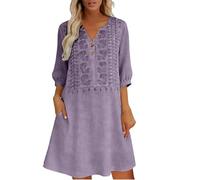 Abito da donna lungo al ginocchio, elegante, con maniche a 3/4, scollo a V, con tasche e bottoni, per il tempo libero, con ricamo jacquard, per il lavoro e le uscite, Lilla, XXL