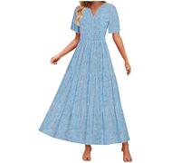 Abito da donna lungo, bohémien, maxi abito estivo con scollo a V, a maniche corte, elastico in vita impero, linea ad A, alla moda, con tasche, lunghezza alla caviglia, per feste, per feste, Azzurro