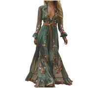 Abito da donna, lungo, estivo, bohémien, con scollo a V, stampa floreale, lungo, maxi abito da spiaggia, abito floreale, casual, vacanze, linea ad A, per il tempo libero, vintage, maxi abito Western
