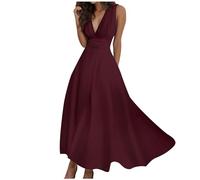 Abito da donna, lungo, estivo, elegante, da cocktail, con scollo a V, senza maniche, con chiusura lampo laterale, maxi abito da festa, alla moda, sexy, per il tempo libero, #05-vinaccia, S