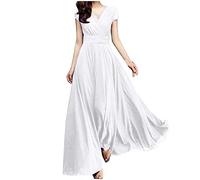 Abito da donna lungo in chiffon, con scollo a V, abito estivo sciancrato, maxi abito da donna, per feste, matrimoni, festival, per feste, Z01 bianco., S