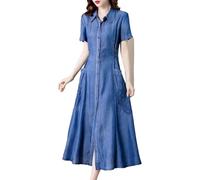 Abito da donna lungo in denim, con un solo bottone, ricamato, blu, L