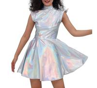 Abito da donna metallizzato, senza maniche, con glitter, stile metallico, effetto bagnato, per feste, mini abito da ballo, stile olografico, lucido, per il tempo libero, multicolore, L