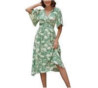 Abito da donna midi motivo floreale, abito casual con scollo a V, maniche volant, abito estivo con bottoni a tunica, linea ad A, abito da skater, sotto il ginocchio, abito da spiaggia, verde, S