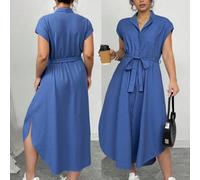 Abito da donna moda primavera/estate, taglia comoda, elegante, con colletto alla Peter Pan, maniche con spalle, cintura con fiocco, bottoni in legno, versatile, adatto per casual e club 0XL,1XL,2XL,3X