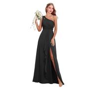 Abito da donna monospalla da damigella d'onore in chiffon lungo plissettato abito da sposa abito da ospite una linea formale abiti da sera con spacco, Nero , 38