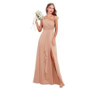 Abito da donna monospalla da damigella d'onore in chiffon lungo plissettato abito da sposa abito da ospite una linea formale abiti da sera con spacco, Oro rosa, 50
