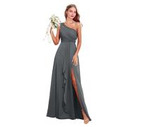 Abito da donna monospalla da damigella d'onore in chiffon lungo plissettato abito da sposa abito da ospite una linea formale abiti da sera con spacco, Grigio, 38