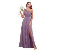 Abito da donna monospalla da damigella d'onore in chiffon lungo plissettato abito da sposa abito da ospite una linea formale abiti da sera con spacco, Glicine, 58 Più