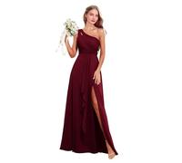 Abito da donna monospalla da damigella d'onore in chiffon lungo plissettato abito da sposa abito da ospite una linea formale abiti da sera con spacco, Rosso vinaccia, 52